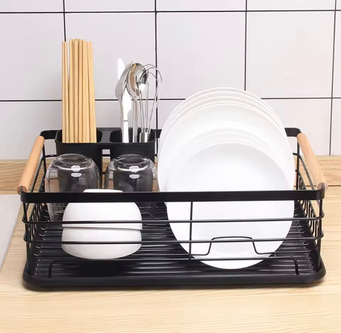 Stainless Steel Kitchen Dish Storage Rack, Wooden Handle Dish Storage Holder, Chopsticks And Utensils Holder Stainless Steel Kitchen Dish Storage Rack, Wooden Handle Dish Storage Holder, Chopsticks And Utensils Holder